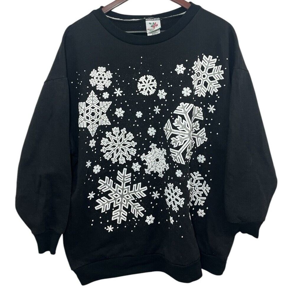 Vtg Snowflake Sweatshirt Black XL Christmas White Snowflakes Novelty Ugly Work